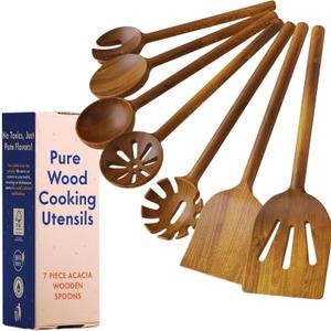 Non-Toxic Wooden Spoons for Cooking 7-Piece Kitchen Utensils Set, Glue-Free & One-Piece Cooking Utensils, Natural Wooden Utensil Set with Plant-Based Finish, Free of Forever Chemicals