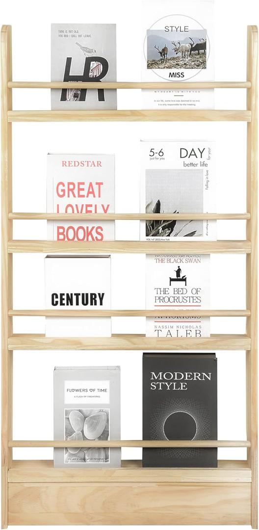 4 Tier Wall Mounted Kids Bookshelf, Ideal for Behind The Door Storage, Natural Solid Wood, Slim Space-Saving Design, Large Capacity for 60+ Books, Toys, Snacks, and More