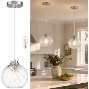KoKo&Yukina 8" Nickel Globe Pendant Light Ribbed Glass Pendant Lights Kitchen Island Height Adjustable Mid-Century Modern Island Pendant Lights for Dining Room Hallway Entryway Foyer (Bulb Included)