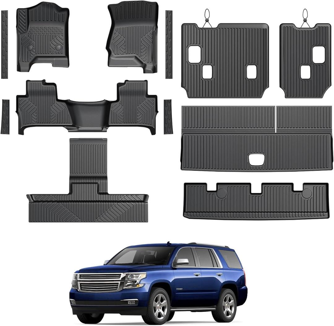 Floor Mats for Chevy Tahoe/GMC Yukon 2015-2020, All Weather Floor Mats Trunk Cargo Liner with Backrest Protectors and Door Sill Guards Accessories, Full Coverage Set (Fit 7 Seats)