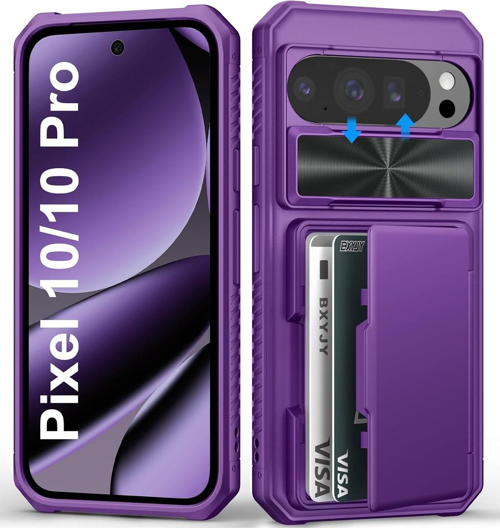 for Google Pixel 10 & 10 Pro Case with Camera Cover, Card Holder (4-5 Cards), Military Drop & RFID Protection, Rugged Shockproof Men Women Phone Case for Pixel 10 & 10 Pro, Dark Purple