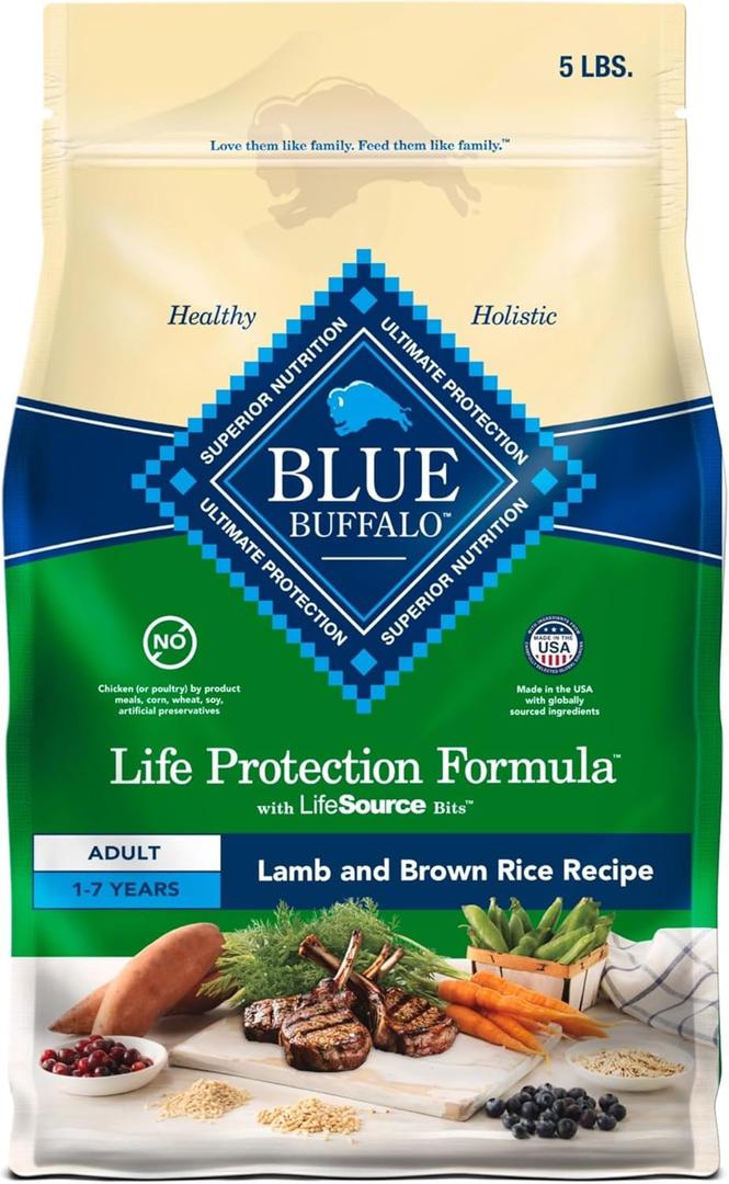 Blue Buffalo Life Protection Formula Adult Dry Dog Food, Helps Build and Maintain Strong Muscles, Made with Natural Ingredients, Lamb & Brown Rice Recipe, 5-lb. Bag (5 Pound (Pack of 1))