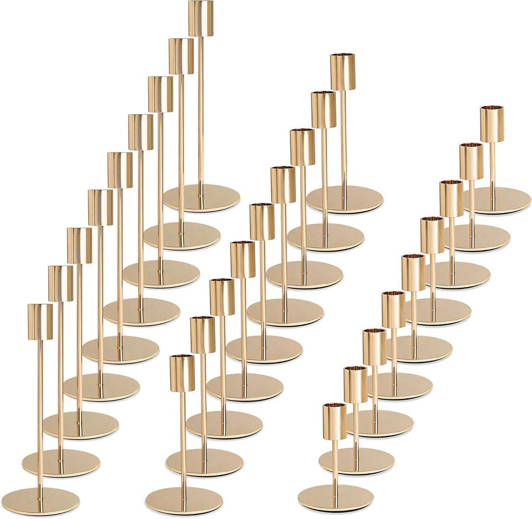 KDJFIIH Gold Candlestick Holders  Bulk Decorative Metal Candelabra  Fits 0.8 Inch Diameter Taper Candles  Gold Taper Candle Stands for Wedding, Home, Party Table Decor (Set of 27)