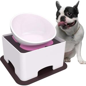 Ceramic Bulldog Bowl Dog Feeding Bowl - Dog Dish Wide Mouth Pet Sterile Tilted Pet Feeder with Anti-Skid Rubber Mat for Small Medium Dogs (White)