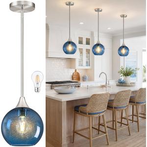 8" Blue Glass Modern Pendant Light Kitchen Island Mid Century Brushed Nickel Modern Pendant Lighting with Glass Globe Modern Hanging Pendant Light for Dining Room FoyerBulb Incl.