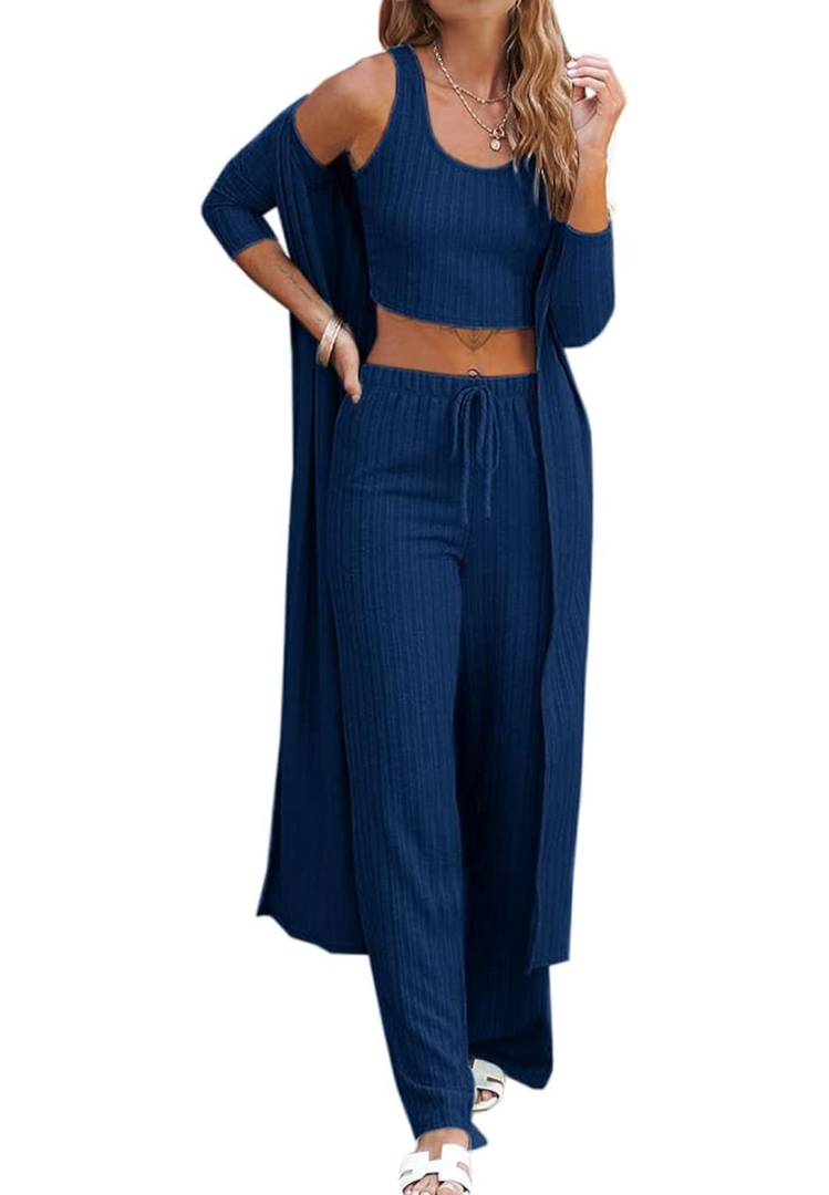 Fessceruna Womens 3 Piece Lounge Sets Pajamas Knit Long Sleeve Cardigan Crop Top Wide Leg Pants Loungewear Set, Size L