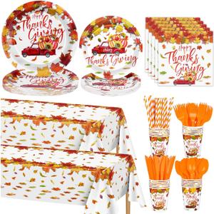 194 Pieces Thanksgiving Tableware Sets Serve 24 Guests Disposable Thanksgiving Plates Cups Napkins Tablecloths Cutlery Straws for Fall Theme Tableware Decorations Thanksgiving Party Supplies