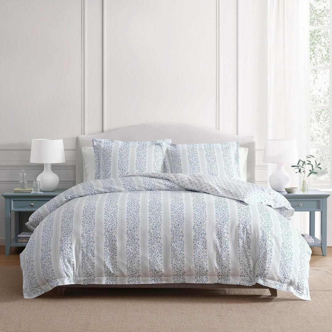 Martha Stewart - King Comforter Set, 100% Silky Smooth Cotton Sateen Striped Bedding for Year Round Comfort, 3 Piece Bed Set with Matching Pillowcases (Verbena Stripe Blue)