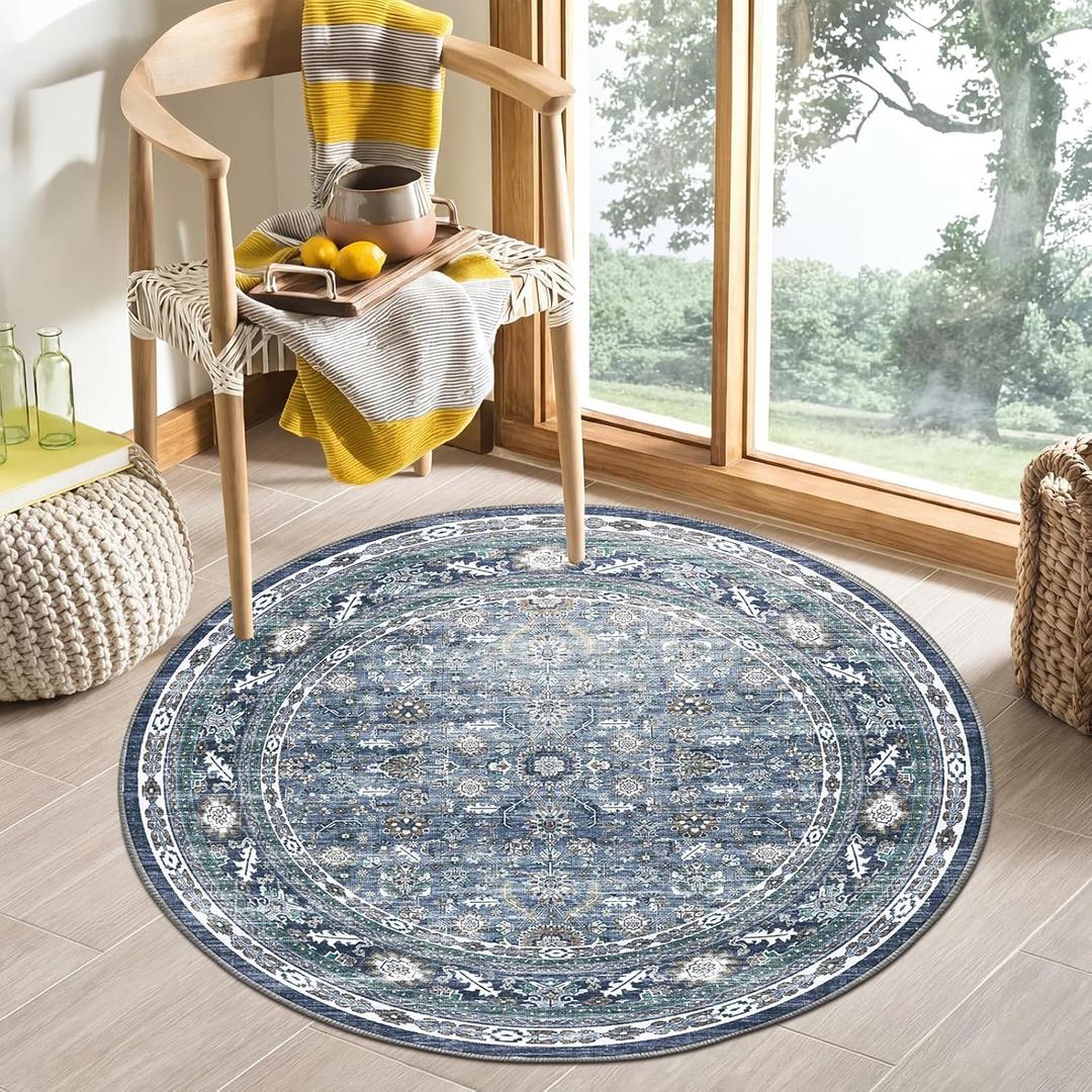 OPPODREAM Vintage Blue Round Rug 4ft, 4 ft Retro Washable Circle Rug Non Slip, Low-Pile Faux Wool Circular Carpet, Distressed Navy Floor Mat for Living Room, Bedroom, Office, Dorm, Dinning Room