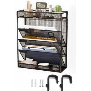 5 Tier Mesh Wall File Organizer,3 Pockets vertical Mount Hanging Organizer with Top/Bottom Tray | 2 Hooks | Wall Mount & Door Hanging for Office Home