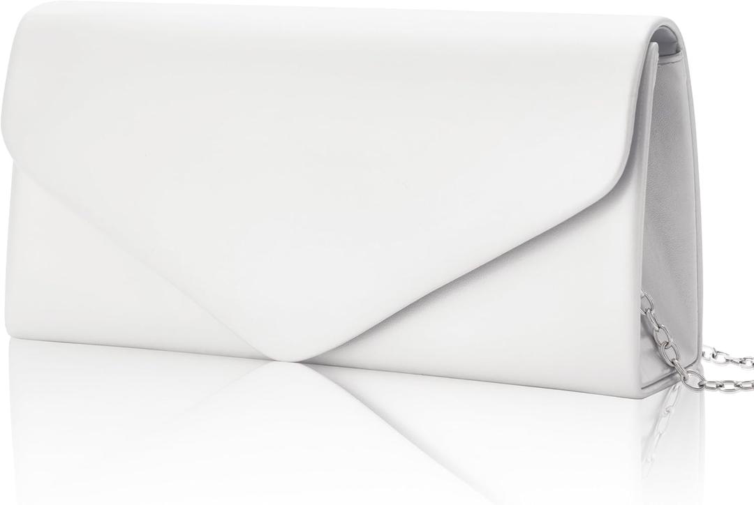 Larcenciel Envelope Clutch Purse for Women, Vegan Leather Evening Bag with Chain Strap, Wedding Cocktail Party Formal Handbag (White)