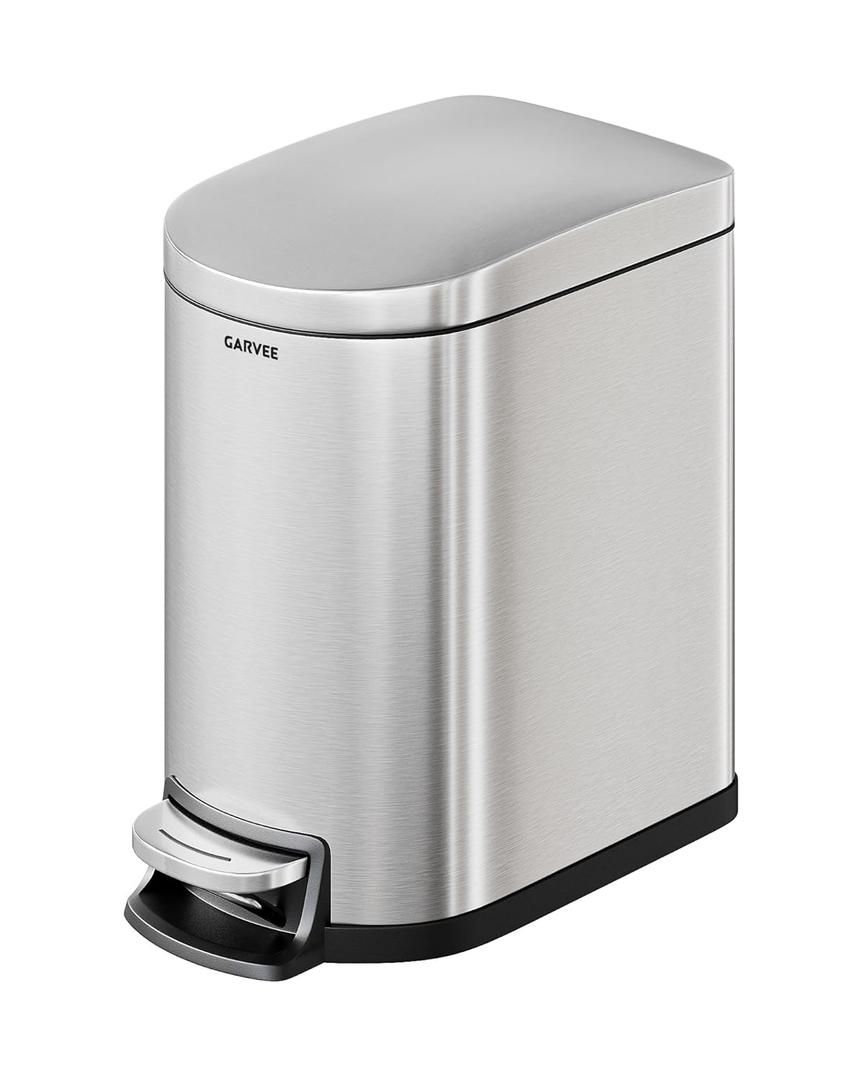 Garvee 1.6 gal / 6 L Stainless Steel Bathroom Trash Can with Lid, Slim Waterproof Garbage Can for Bedroom, Small Step-on Metal Trash Bin with Inner Bucket, Rear Handle, Soft Close Lid, Silver