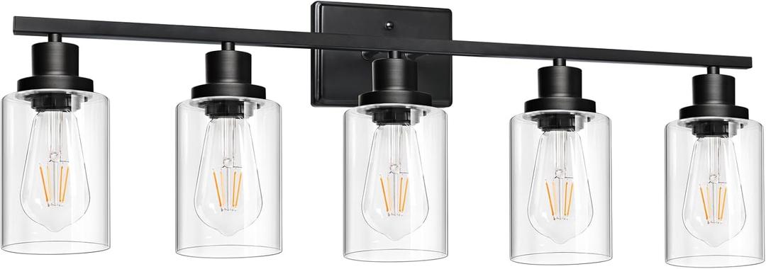 Ascher 5-Light 37.8" Wall Sconces, Modern Vanity Light Fixture with Clear Glass Shade, Black Finish Wall Light for Mirror Bedroom Hallway, E26 Base (Bulbs Not Included)