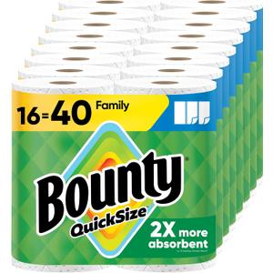 Bounty Quick-Size Paper Towels, White, Family Rolls, 16 Count (Equal to 40 Regular Rolls)
