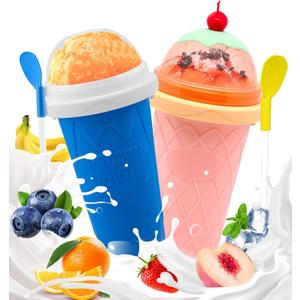 FANS-ONE Slushie Cup, 2 Pack Slushy Maker Cups, DIY Magic Squeeze Cups for Juice Milk Yogurt Make, Portable Double Layer Cup with Lid & Straw Cool Stuff Things for Kids Friends Family (Blue+New Pink)