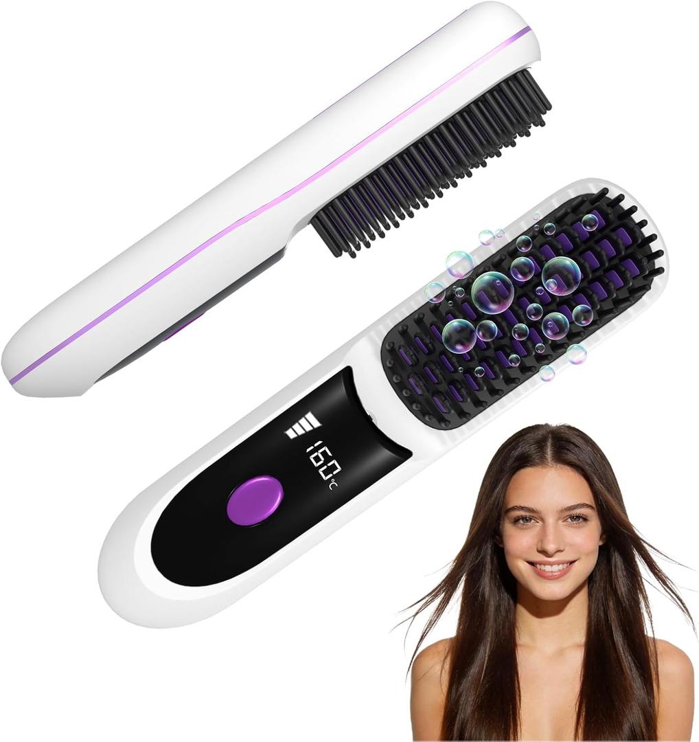 Go Brush Pro 2026, Portable Straightener Brushs for Travel, with LCD Temperature Display, Fast Heating Cordless Mini Hair Brushs (White)