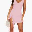 Womens Sexy Deep V Neck Mini Dress for Women Y2K Side Slit Going Out Cocktail Wedding Party Ruffle Short Dresses, Large 