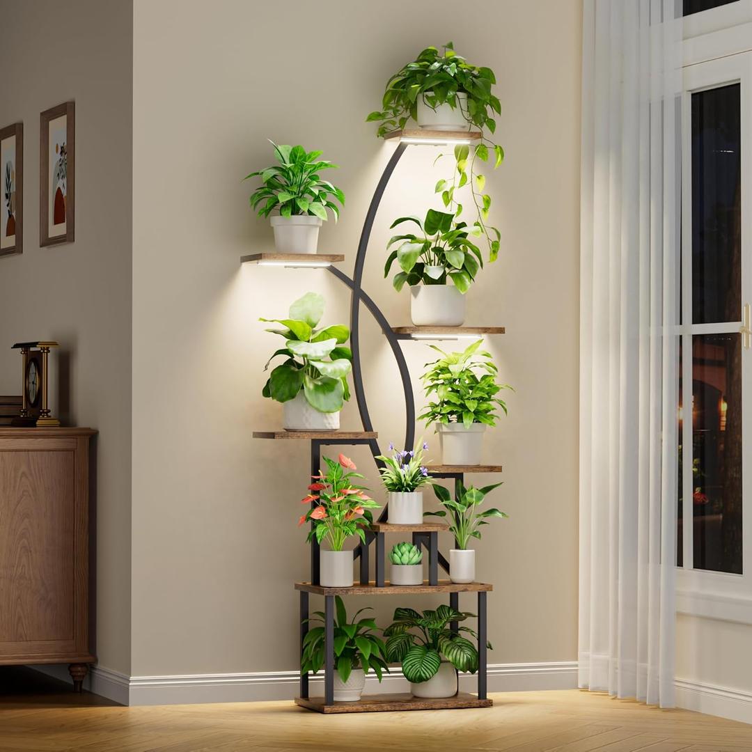 JUSTOGO Plant Stand Indoor with Grow Light, 8 Tiered Tall Plant Shelf for Indoor Plants Multiple, 65" Large Corner Plant Stands, Metal Curved Flower Holder Display Rack for Living Room, Patio, Balcony (Rustic Brown)
