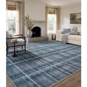 YIHOUSE 9x12 Blue Grey Distressed Plaid Area Rug for Living Room