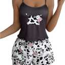 Women's 2 Piece Cow Graphic Pajama Set Lettuce Trim Camisole Tops and Pj Shorts Sets Loungewear (L)