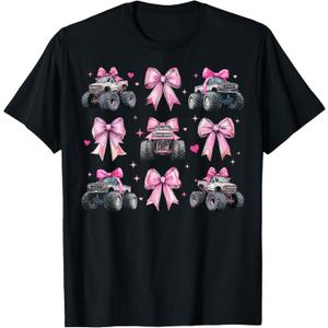 Monster Truck 4 Wheeler Offroad Girl Coquette Bow Pink Mom T-Shirt (S, Black)