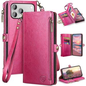 XcaseBar Compatible with iPhone 17 Pro Max 6.9" Wallet case with Zipper Credit Card HolderRFID Blocking,Flip Folio Book PU Phone case Shockproof Cover Women Men for Apple 17 Pro Max case Rose Red