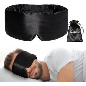 100% Natural Silk Eye Mask for Women Men, Soft Pressureless Cooling Blackout Eye Covers for Sleeping, Large Size Sleep Mask fits All Heads Adjustable, 1PC, Black