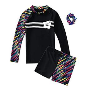 Girls Long Sleeve Swimsuits 2 Pieces Set Rash Guard Swimwear Quick Dry Surfing Wetsuit for Kids Bathing Suit Black 7-8