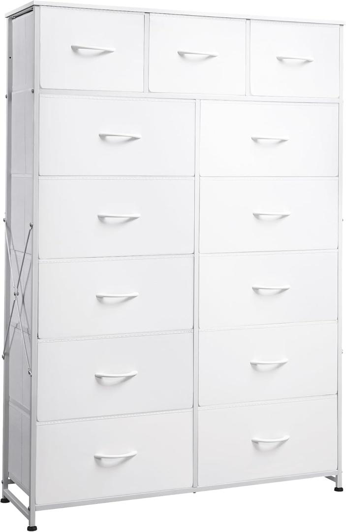 WLIVE Tall Dresser for Bedroom with 13 Drawers, Storage Dresser Organizer Unit, Fabric Dresser for Bedroom, Closet, Chest of Drawers with Fabric Bins, Steel Frame, Wood Top, White