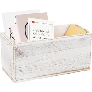 Rustic White Washed Wood Mail Box Storage Holder File Organizer Tabletop Wooden Basket Letter Script Design Envelope Folder Decorative Container Desk Home Office Entryway Bedroom Living Room