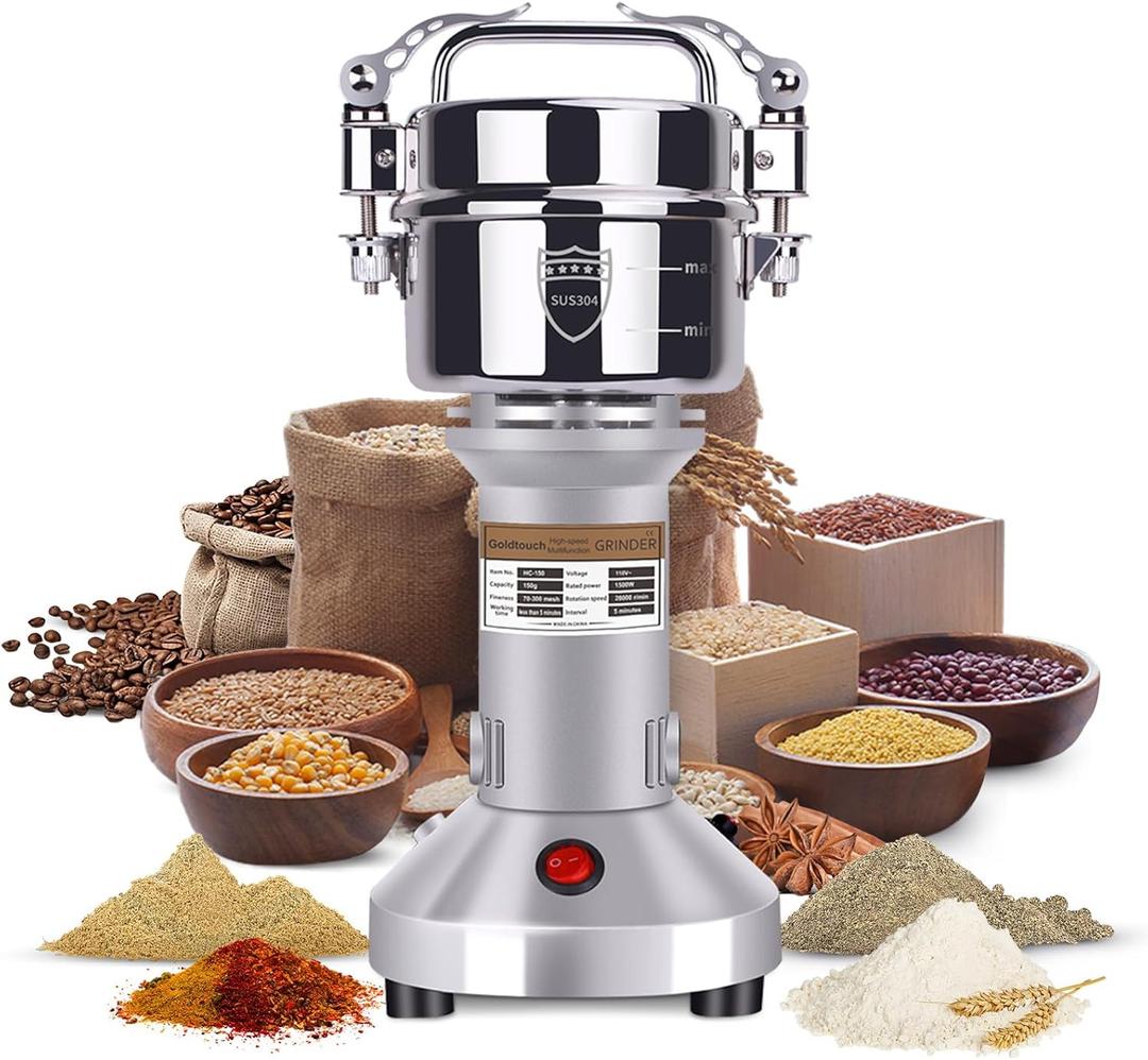 Goldtouch 150g Grain Mill Grinder 1500W Electric Stainless Steel Grain Grinder High-Speed Pulverizer Powder Machine for Dry Wheat, Oats, Corn, Pepper and Coffee Beans (150g Stand Type) Goldtouch 150g Grain Mill Grinder 1500W Electric Stainless Steel Grain Grinder High-Speed Pulverizer Powder Machine for Dry Wheat, Oats, Corn, Pepper and Coffee Beans (150g Stand Type)