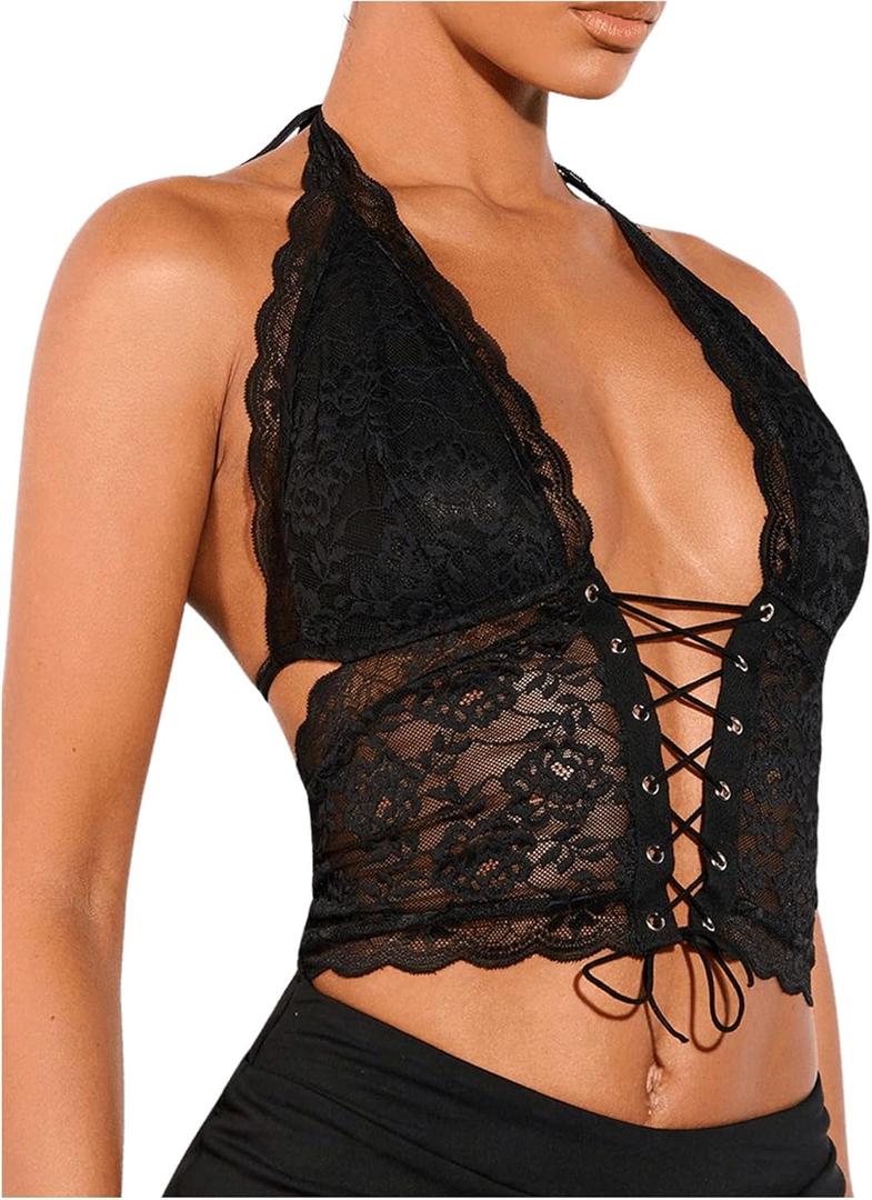 SOLY HUX Women's Sexy Lace Sheer Corset Top Halter Neck Tie Up Backless Crop Tops Party Rave Outfits Solid Black Small
