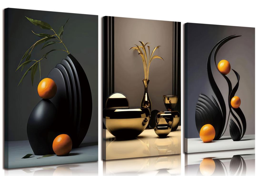 3pcs Black Abstract Canvas Wall Art Modern Still Lifes Ceramic Wall Deco Pictures Black And Orange Shapes Minimalist Posters Prints Paintings for Living Room Bedroom Bathroom Home Decoration