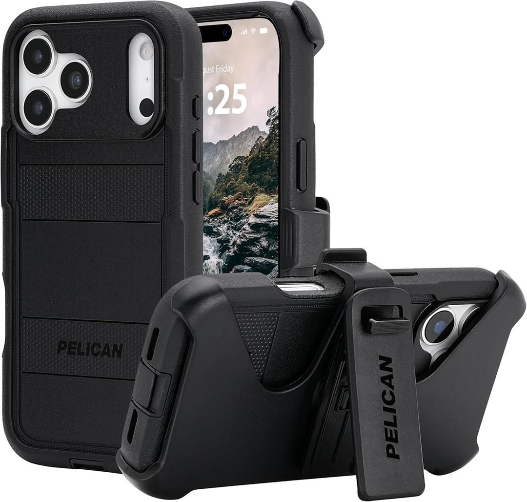 Pelican Voyager iPhone 17 Pro Max Case [Compatible with MagSafe] Rugged Phone Case w/ 24ft Military-Grade Drop Protection - Heavy Duty Phone Cover w/Belt Clip Holster for iPhone 17 Pro Max - Black