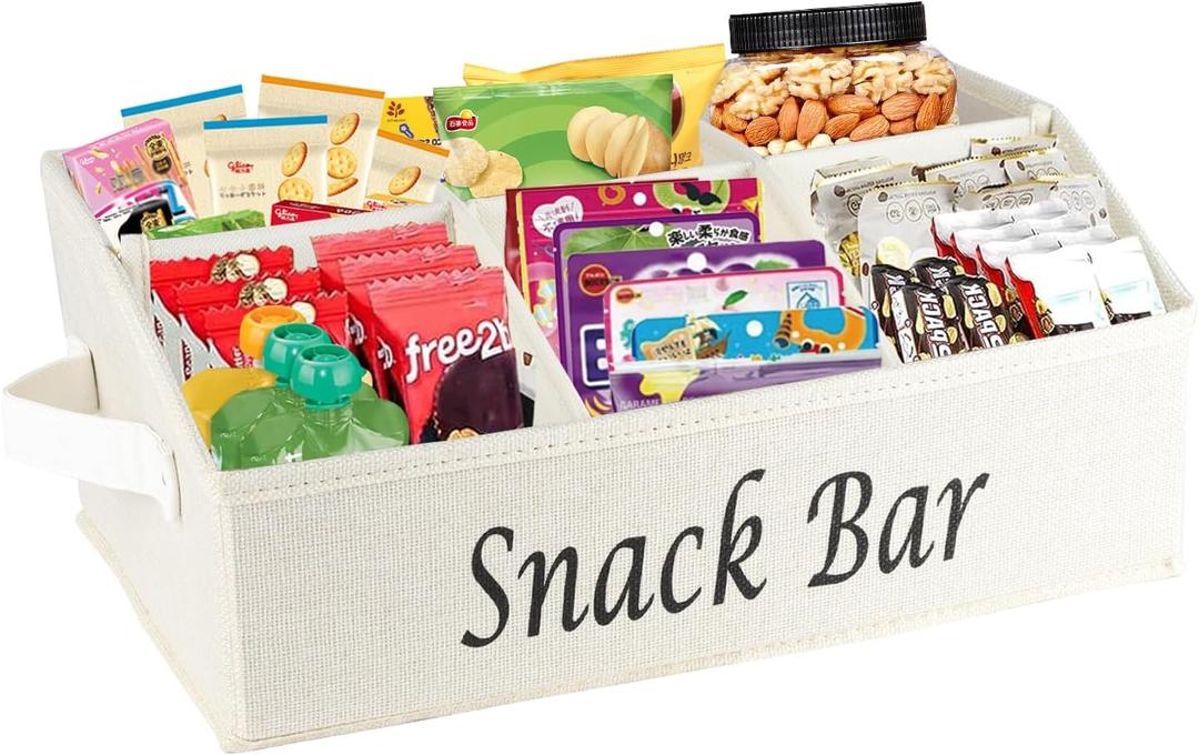 Snack Organizer for Countertop, Fabric Snack Organizer with Handles, 6 Compartment Snack Box Container Snack Basket, Snack Bar Station Organizer, Kitchen Pantry Organizer and Storage - Beige (Beige-1 Pack)