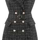 Women's Sleeveless Tweed Dress Collared Belted Button Down Work Blazer Dresses (Medium, Black)