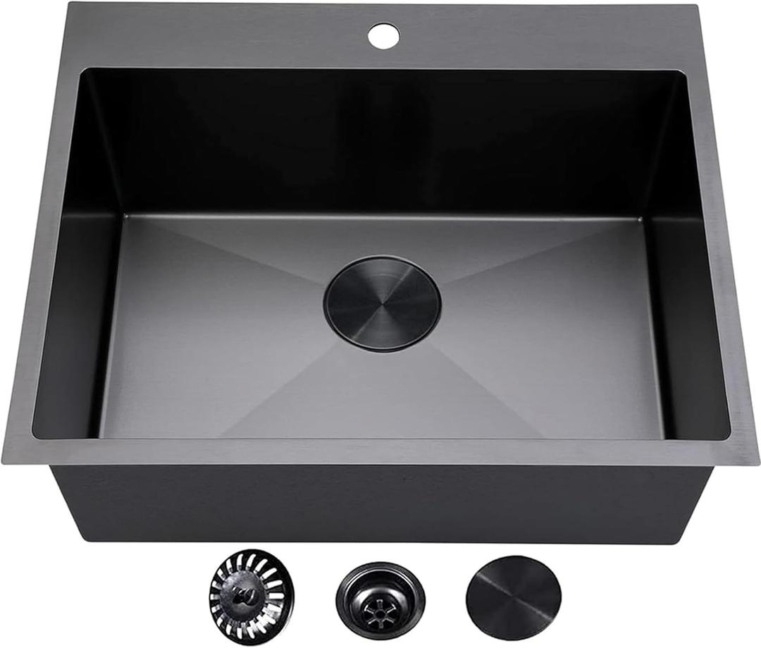 VCCUCINE 25 Inch Black Drop in Kitchen Sink,25x22 Inch Gunmetal Black Single Bowl Stainless Steel Basin Topmount Kitchen Sink,16 Gauge Metal Laundry Sink Black Small Kitchen Sink