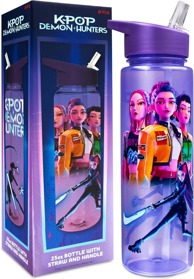 KPop Demon Hunters Officially Licensed Huntrix Water Bottle for Girls, 25oz Leak Proof with Straw Lid, Gifts for Girls