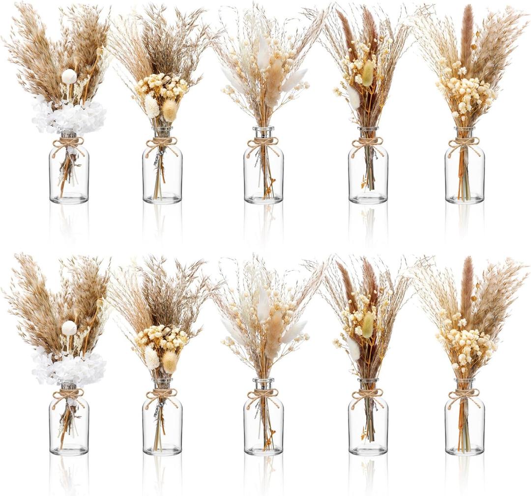 Nuanchu 10 Set Dried Pampas Grass Centerpiece for Wedding 10 Small Glass Vases 10 Dried Pampas Grass Bouquet with Rope for Baby Shower Rustic Bridal Party Farmhouse Decoration