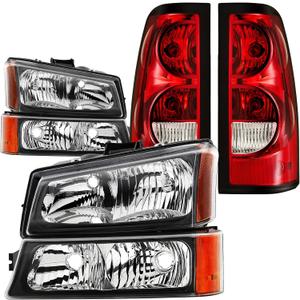 Headlights and Taillights Combo Compatibel With 2003-2006 Chevy Silverado 1500 1500HD 2500 2500HD 3500 & 2007 Chevy Silverado Classic Replacement Black Housing w/Amber Head Lamp Rear Brake Lamps Set