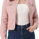 Allegra K Women's Denim Jacket Collarless Round Neck Button Down Long Sleeve Jean Jackets (Pink, L)