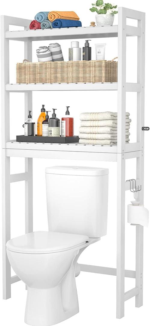 Homykic Over The Toilet Storage, Bamboo Over Toilet Bathroom Organizer Rack, Freestanding Bathroom Shelves Above Toilet Storage with 3 Hooks, Bathroom Space Saver, No Rust, Easy to Assemble, White (10.3"D x 24.8"W x 66.8"H)