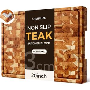 Teak Wood Cutting Boards for Kitchen 20'' Extra Large Butcher Block End Grain Wooden Cutting Board with Juice Groove & Handle Heavy Duty Chopping Charcuterie Board Non Toxic Slip Serving KnifeFriendly