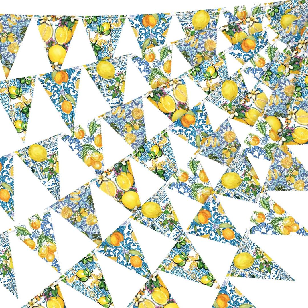 5 Pieces Blue Tiles Lemon Decor Lemon Bunting Banners Blue Tiles Paper Pennant Garlands Lemonade Hanging Triangle Flags for Wedding Birthday Bridal Shower Bachelorette Party Decorations