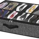 Onlyeasy Under Bed Shoe Storage Organizer with Sturdy Handles and Clear Window 1 Pack Fits 12 Pairs, Premium Foldable Underbed Shoes Container Box for Closet, Linen-like Black, MXAUBSB1P