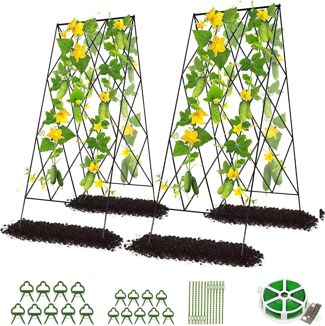 DoCred Cucumber Trellis, 2 Pack Metal Foldable A Frame Garden Trellis for Raised Bed Climbing Plants, Vegetables, Includes Plant Support Clips, Twist Ties, Plastic Ties, A Frame Trellis, Black