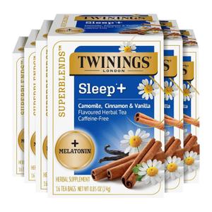 Twinings Superblends Sleep+ Herbal Tea with 1mg Melatonin, Camomile, Cinnamon & Vanilla, Naturally Caffeine-Free, 16 Tea Bags (Pack of 6), 96 Teabags (EXP 01/25/27)