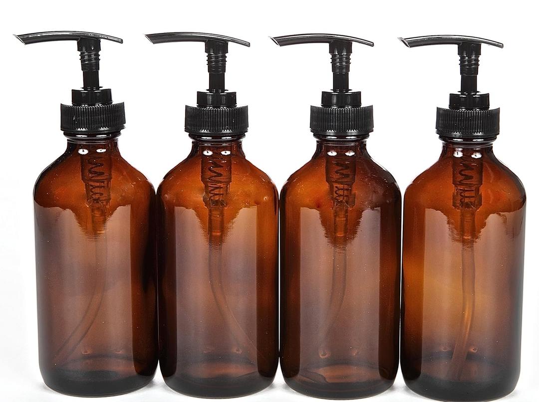 Vivaplex, 4, Large, 8 oz, Empty, Amber Glass Bottles with Black Lotion Pumps
