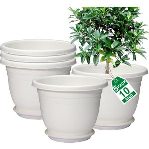 5 Packs 10 inch Plant Pots + Saucer, Planters for Indoor & Outdoor Plants with Drainage Holes | Plastic Flower Pots, Large Planter (Beige, 10 inch)