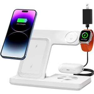 Wireless Charger, 3 in 1 Charging Station for Multi Devices, Charging Stand Dock for iPhone 8-16 Series, Apple Watch, AirPods Pro 3 2 with Adapter (White)